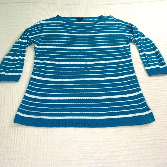 Talbots Teal White Striped Linen Blend 3/4 Length Sweater Shirt Medium Petite - Picture 1 of 16